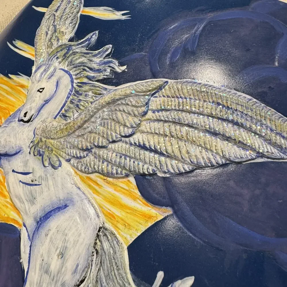 Vintage Handcrafted Flying Unicorn Pegasus Clouds Porcelain Pottery Vase Blue